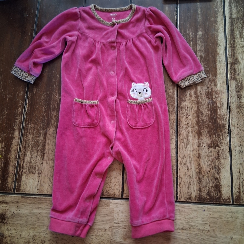Carter's pink velour one-piece with leopard print trim and cat design. Size: 12